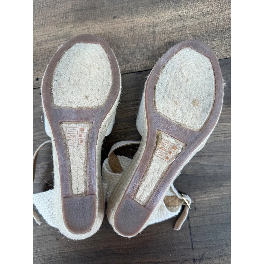 J.Crew Womens Linen Espadrille Wedge Sandals Natural Oatmeal Size 7 Buckle Strap